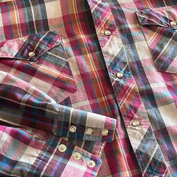 Vtg 90s WRANGLER Mens Pearl Snap L 17-34 Cowboy Cut X-Long Tails Single Needle - Picture 4 of 7